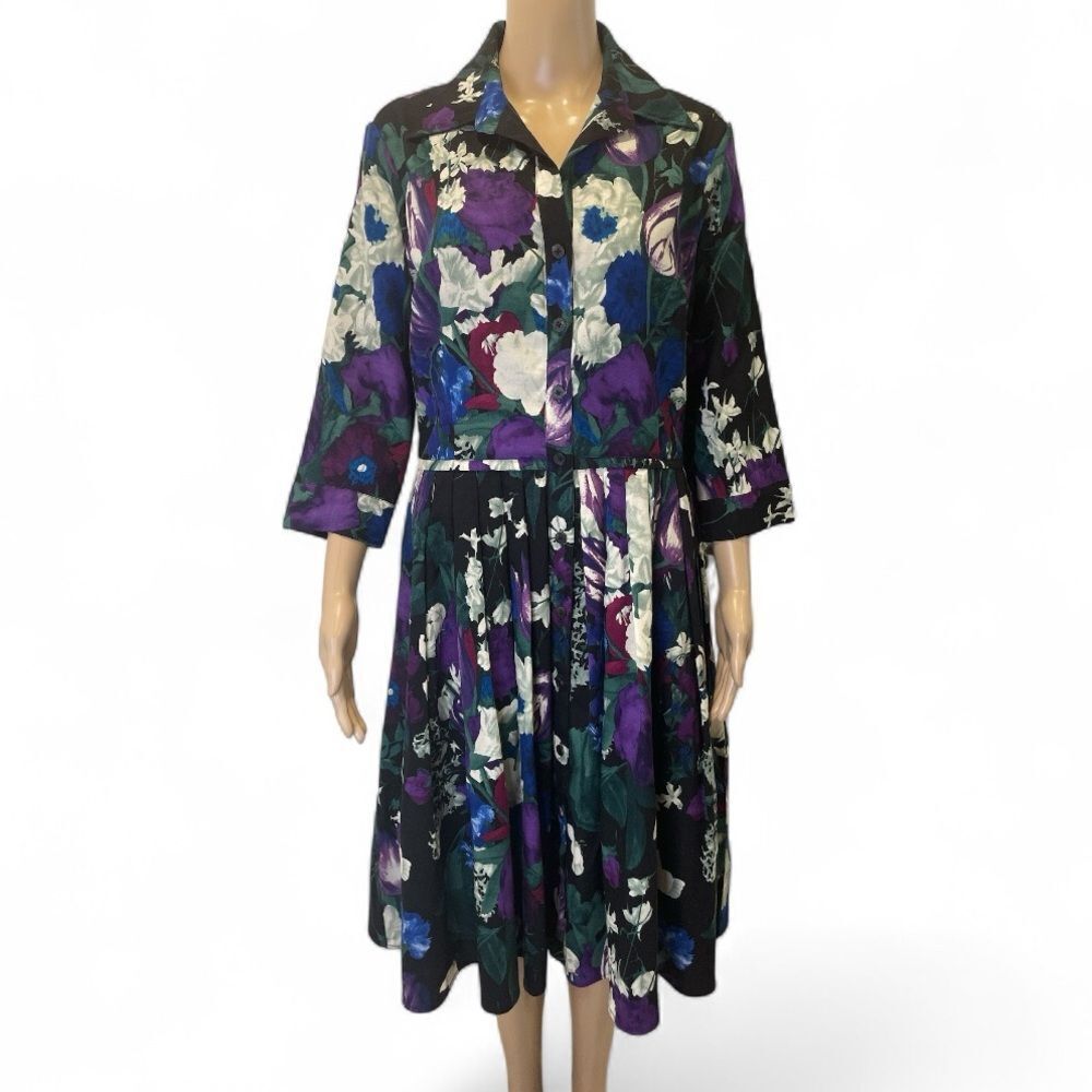 Samantha Sung Shirt Dress In Abiela Black Floral Button-Up Dress size 8
